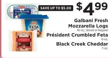Galbani Fresh Mozzarella Logs, Président Crumbled Feta, Black Creek Cheddar