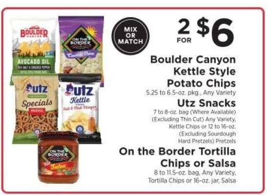 Boulder Canyon Kettle Style Potato Chips, Utz Snacks, On the Border Tortilla Chips or Salsa