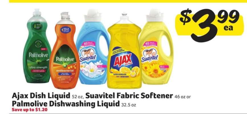 Ajax Dish Liquid, Suavitel Fabric Softener, Palmolive Dishwashing Liquid