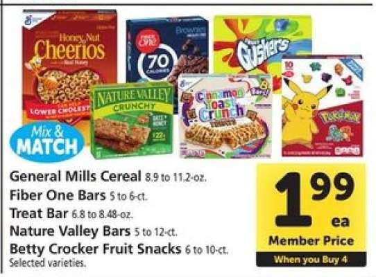 General Mills Cereal, Fiber One Bars, Treat Bar, Nature Valley Bars, Betty Crocker Fruit Snacks