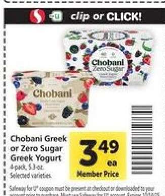 Chobani Greek or Zero Sugar Greek Yogurt