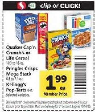Quaker Cap'n Crunch's or Life Cereal, Pringles Crisps Mega Stack, Kellogg's Pop-Tarts