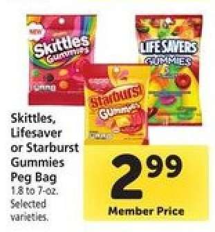 Skittles, Lifesaver or Starburst Gummies Peg Bag