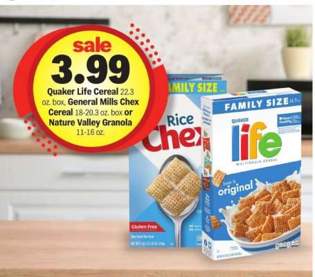 Quaker Life Cereal, General Mills Chex Cereal, Nature Valley Granola