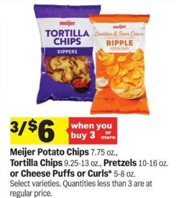 Meijer Potato Chips, Tortilla Chips, Pretzels, Cheese Puffs or Curls