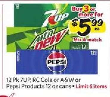 12 Pk 7UP, RC Cola or A&W or Pepsi Products