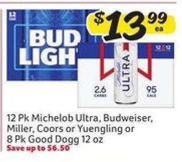 12 Pk Michelob Ultra, Budweiser, Miller, Coors or Yuengling or 8 Pk Good Dogg 12 oz