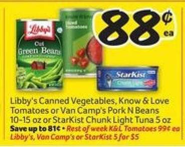 Libby's Canned Vegetables, Know & Love Tomatoes or Van Camp's Pork N Beans or StarKist Chunk Light Tuna