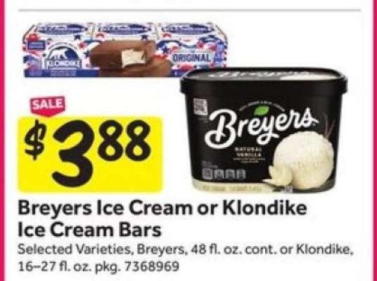 Breyers Ice Cream or Klondike Ice Cream Bars