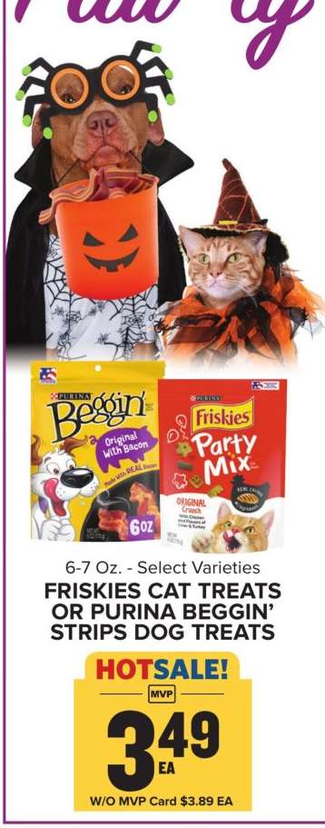 Friskies Cat Treats or Purina Beggin' Strips Dog Treats