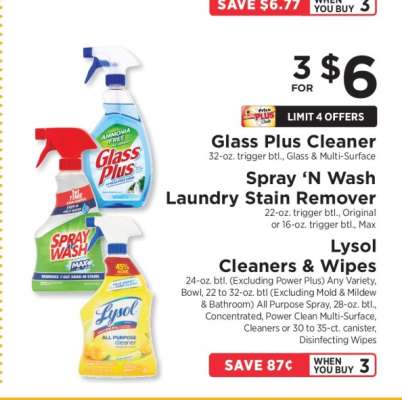 Glass Plus Cleaner, Spray ‘N Wash Laundry Stain Remover, Lysol Cleaners & Wipes