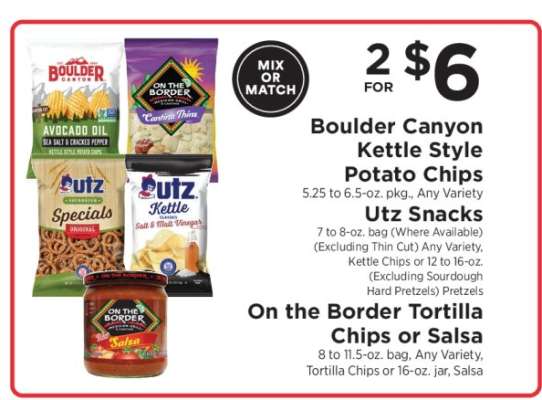 Boulder Canyon Kettle Style Potato Chips, Utz Snacks, On the Border Tortilla Chips or Salsa