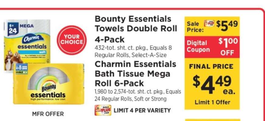 Bounty Essentials Towels Double Roll 4-Pack / Charmin Essentials Bath Tissue Mega Roll 6-Pack