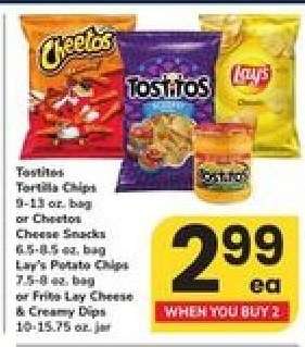 Tostitos Tortilla Chips or Cheetos Cheese Snacks or Lay's Potato Chips or Frito Lay Cheese & Creamy Dips
