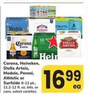 Corona, Heineken, Stella Artois, Modelo, Peroni, Athletic, or Surfside