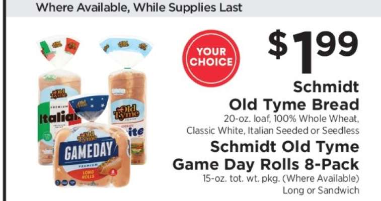Schmidt Old Tyme Bread or Schmidt Old Tyme Game Day Rolls 8-Pack