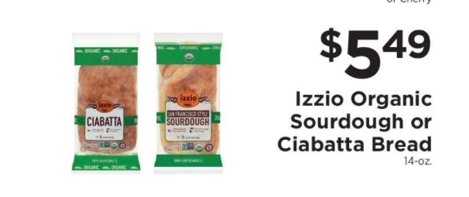 Izzio Organic Sourdough or Ciabatta Bread