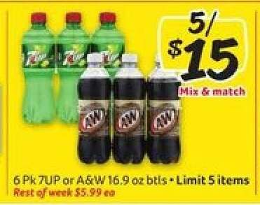 6 Pk 7UP or A&W 16.9 oz bottles