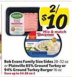 Bob Evans Family Size Sides or Plainville Ground Turkey