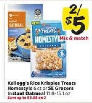 Kellogg's Rice Krispies Treats Homestyle or SE Grocers Instant Oatmeal