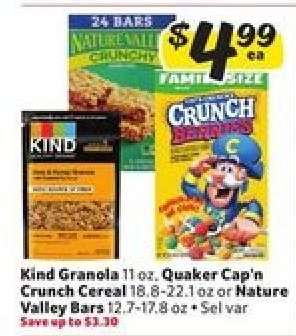 Kind Granola, Quaker Cap'n Crunch Cereal, Nature Valley Bars
