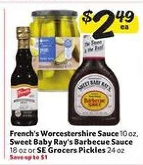French's Worcestershire Sauce, Sweet Baby Ray's Barbecue Sauce, SE Grocers Pickles