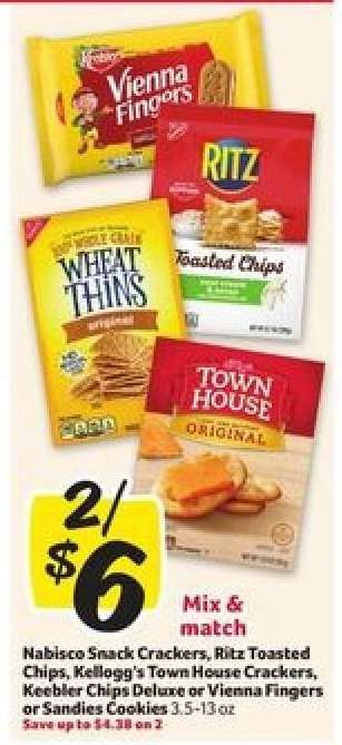 Nabisco Snack Crackers, Ritz Toasted Chips, Kellogg's Town House Crackers, Keebler Chips Deluxe or Vienna Fingers or Sandies Cookies