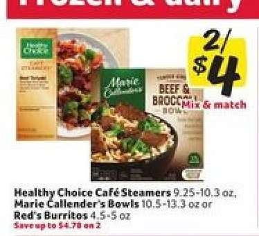 Healthy Choice Café Steamers, Marie Callender's Bowls, Red's Burrito