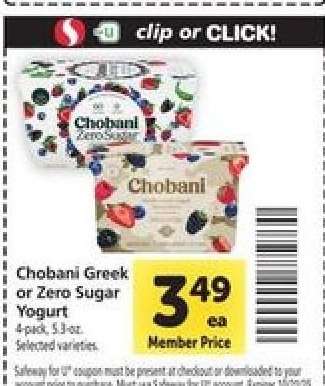 Chobani Greek or Zero Sugar Yogurt