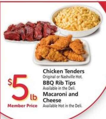 Chicken Tenders, BBQ Rib Tips, Macaroni and Cheese