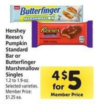 Hershey Reese's Pumpkin Standard Bar or Butterfinger Marshmallow Singles