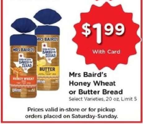 Mrs Baird's Honey Wheat or Butter Bread