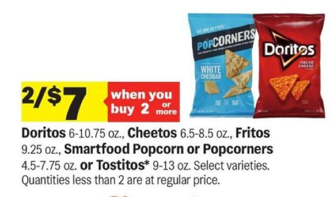 Doritos, Cheetos, Fritos, Smartfood Popcorn or Popcorners, Tostitos