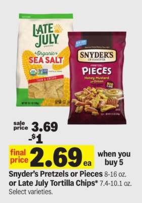 Snyder’s Pretzels or Pieces or Late July Tortilla Chips