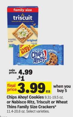 Chips Ahoy! Cookies or Nabisco Ritz, Triscuit or Wheat Thins Family Size Crackers