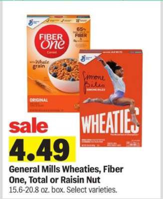 General Mills Wheaties, Fiber One, Total or Raisin Nut