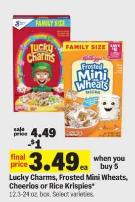 Lucky Charms, Frosted Mini Wheats, Cheerios or Rice Krispies