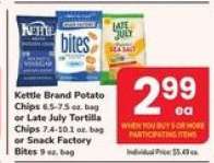 Kettle Brand Potato Chips or Late July Tortilla Chips or Snack Factory Bites