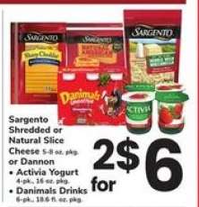 Sargento Shredded or Natural Slice Cheese, Dannon Activia Yogurt, Danimals Drinks