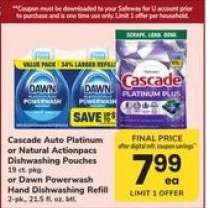 Cascade Auto Platinum or Natural Actionpacs Dishwashing Pouches