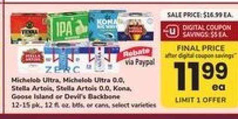 Michelob Ultra, Michelob Ultra 0.0, Stella Artois, Stella Artois 0.0, Kona, Goose Island or Devil's Backbone