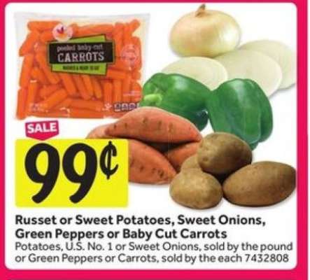 Russet or Sweet Potatoes, Sweet Onions, Green Peppers or Baby Cut Carrots