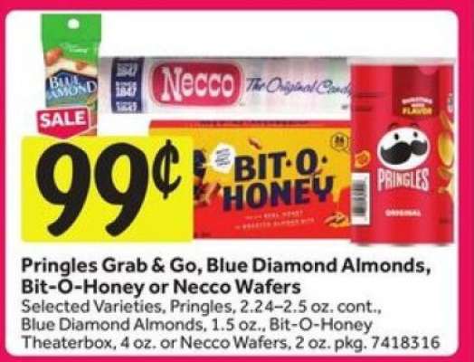 Pringles Grab & Go, Blue Diamond Almonds, Bit-O-Honey or Necco Wafers