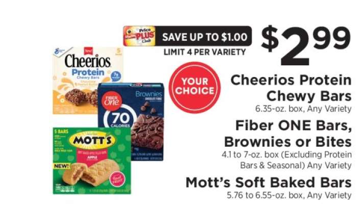 Cheerios Protein Chewy Bars, Fiber ONE Bars, Brownies or Bites, Mott’s Soft Baked Bars