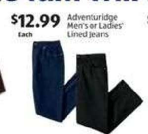 Adventuridge Men's or Ladies' Lined Jeans