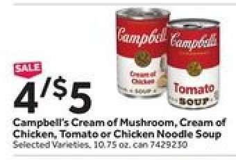 Campbell's Cream of Mushroom, Cream of Chicken, Tomato or Chicken Noodle Soup