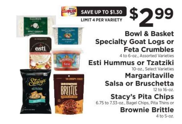 Bowl & Basket Specialty Goat Logs or Feta Crumbles, Esti Hummus or Tzatziki, Margaritaville Salsa or Bruschetta, Stacy’s Pita Chips, Brownie Brittle