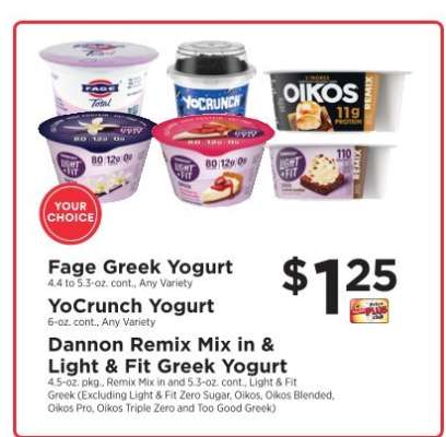 Fage Greek Yogurt, YoCrunch Yogurt, Dannon Remix Mix in & Light & Fit Greek Yogurt