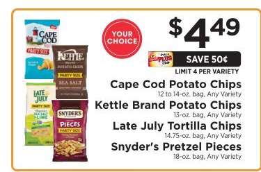 Cape Cod Potato Chips, Kettle Brand Potato Chips, Late July Tortilla Chips, Snyder’s Pretzel Pieces