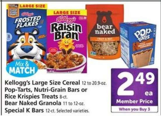 Kellogg's Large Size Cereal, Pop-Tarts, Nutri-Grain Bars, Rice Krispies Treats, Bear Naked Granola, Special K Bars
